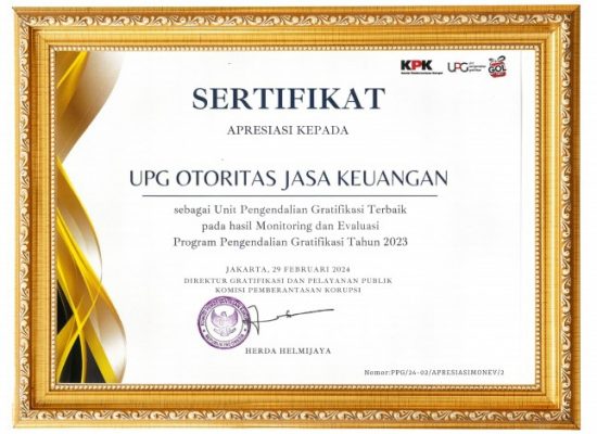 OJK Raih Penghargaan Pengendalian Gratifikasi Terbaik Nasional