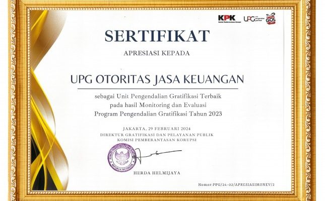 OJK Raih Penghargaan Pengendalian Gratifikasi Terbaik Nasional