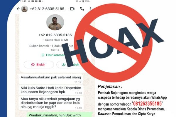 Beredar Akun WhatsApp Palsu Mengatasnamakan Kepala DPKP-CK, Pemkab Bojonegoro Imbau Warga Waspada