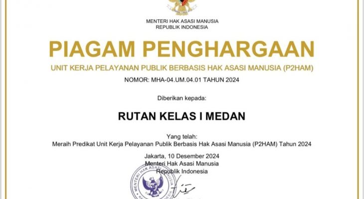 Rutan Kelas I Medan Raih Predikat Unit Kerja Berbasis P2HAM Tahun 2024