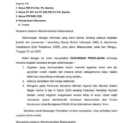 Penolakan Warga Warnai Rencana Peresmian Gereja GBI di Casablanca East Residence