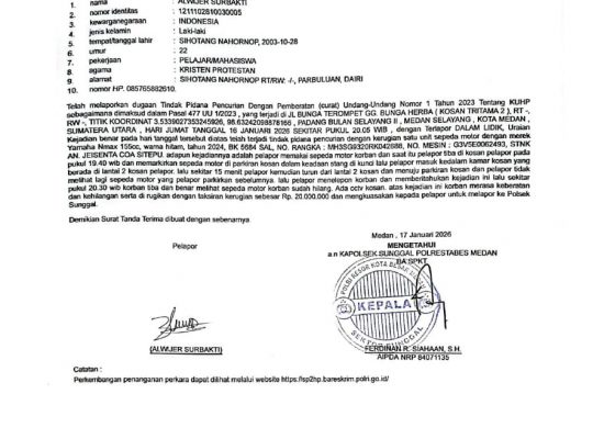 Motor Yamaha Nmax Hilang di Kosan Tritama 2 Medan Selayang, Korban Lapor ke Polsek Sunggal