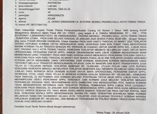 Diduga Tertipu Pengurusan Dapur SPPG, Warga Tebingtinggi Rugi Rp180 Juta, Lapor Polisi