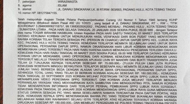 Diduga Tertipu Pengurusan Dapur SPPG, Warga Tebingtinggi Rugi Rp180 Juta, Lapor Polisi